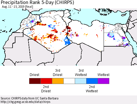 North Africa Precipitation Rank since 1981, 5-Day (CHIRPS) Thematic Map For 8/11/2019 - 8/15/2019