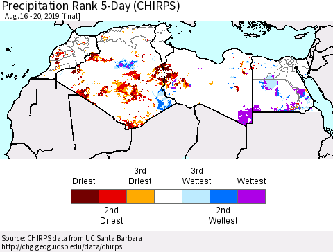 North Africa Precipitation Rank since 1981, 5-Day (CHIRPS) Thematic Map For 8/16/2019 - 8/20/2019