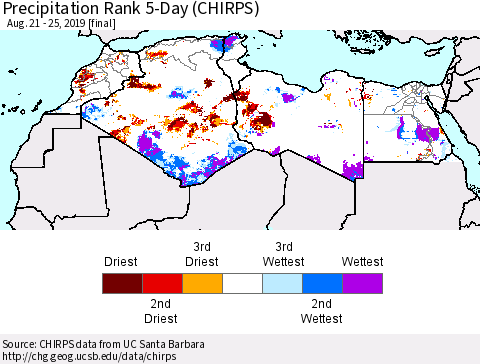 North Africa Precipitation Rank since 1981, 5-Day (CHIRPS) Thematic Map For 8/21/2019 - 8/25/2019