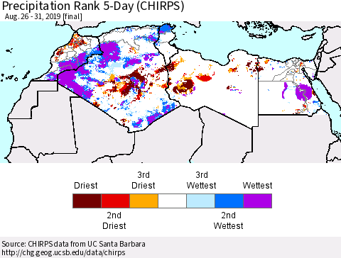 North Africa Precipitation Rank since 1981, 5-Day (CHIRPS) Thematic Map For 8/26/2019 - 8/31/2019