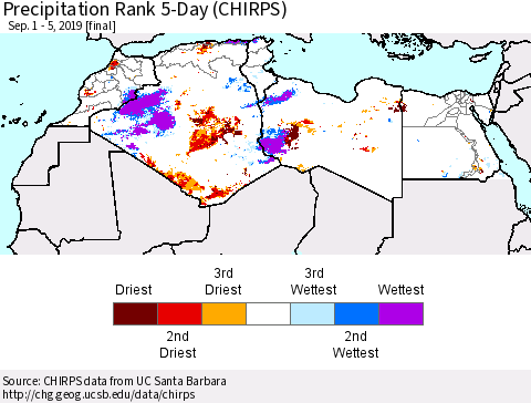 North Africa Precipitation Rank since 1981, 5-Day (CHIRPS) Thematic Map For 9/1/2019 - 9/5/2019