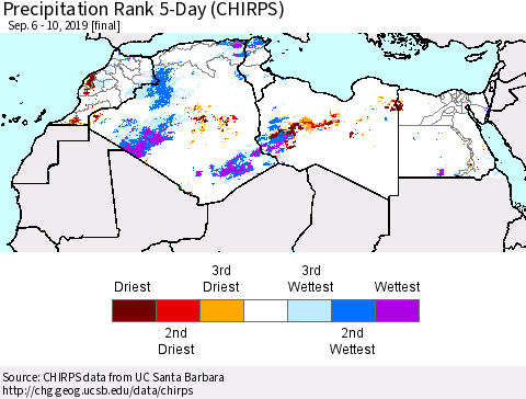 North Africa Precipitation Rank since 1981, 5-Day (CHIRPS) Thematic Map For 9/6/2019 - 9/10/2019