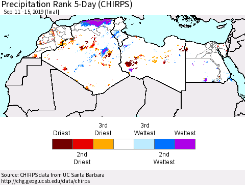 North Africa Precipitation Rank since 1981, 5-Day (CHIRPS) Thematic Map For 9/11/2019 - 9/15/2019