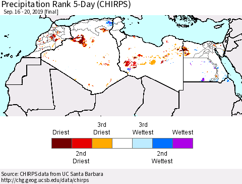 North Africa Precipitation Rank since 1981, 5-Day (CHIRPS) Thematic Map For 9/16/2019 - 9/20/2019