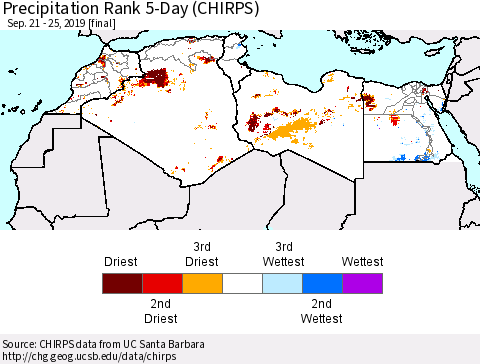 North Africa Precipitation Rank since 1981, 5-Day (CHIRPS) Thematic Map For 9/21/2019 - 9/25/2019