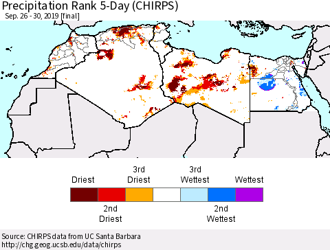 North Africa Precipitation Rank since 1981, 5-Day (CHIRPS) Thematic Map For 9/26/2019 - 9/30/2019