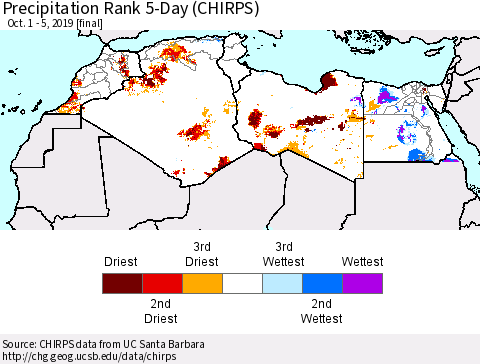 North Africa Precipitation Rank since 1981, 5-Day (CHIRPS) Thematic Map For 10/1/2019 - 10/5/2019