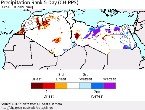 North Africa Precipitation Rank since 1981, 5-Day (CHIRPS) Thematic Map For 10/6/2019 - 10/10/2019