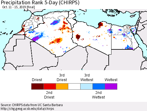 North Africa Precipitation Rank since 1981, 5-Day (CHIRPS) Thematic Map For 10/11/2019 - 10/15/2019