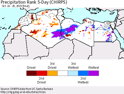 North Africa Precipitation Rank since 1981, 5-Day (CHIRPS) Thematic Map For 10/16/2019 - 10/20/2019