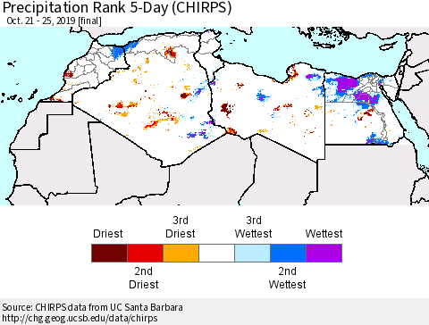 North Africa Precipitation Rank since 1981, 5-Day (CHIRPS) Thematic Map For 10/21/2019 - 10/25/2019