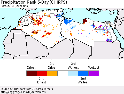 North Africa Precipitation Rank since 1981, 5-Day (CHIRPS) Thematic Map For 10/26/2019 - 10/31/2019