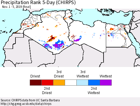 North Africa Precipitation Rank since 1981, 5-Day (CHIRPS) Thematic Map For 11/1/2019 - 11/5/2019