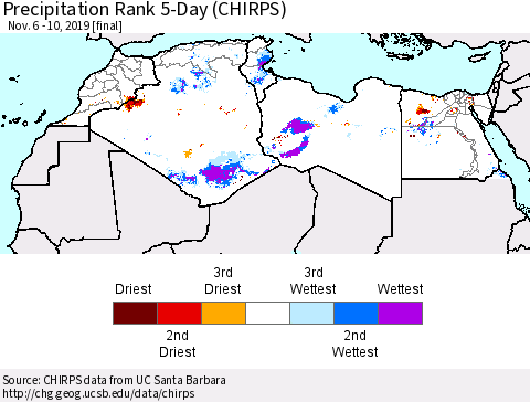 North Africa Precipitation Rank since 1981, 5-Day (CHIRPS) Thematic Map For 11/6/2019 - 11/10/2019