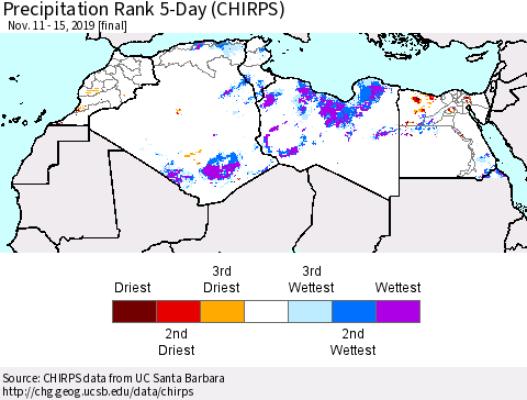North Africa Precipitation Rank since 1981, 5-Day (CHIRPS) Thematic Map For 11/11/2019 - 11/15/2019
