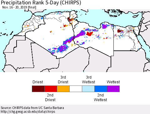 North Africa Precipitation Rank since 1981, 5-Day (CHIRPS) Thematic Map For 11/16/2019 - 11/20/2019