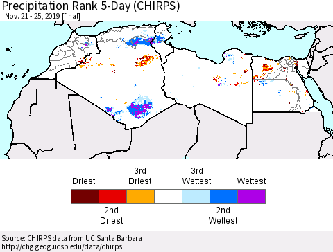 North Africa Precipitation Rank since 1981, 5-Day (CHIRPS) Thematic Map For 11/21/2019 - 11/25/2019