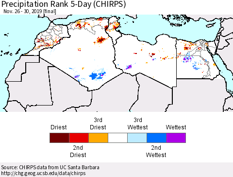 North Africa Precipitation Rank since 1981, 5-Day (CHIRPS) Thematic Map For 11/26/2019 - 11/30/2019