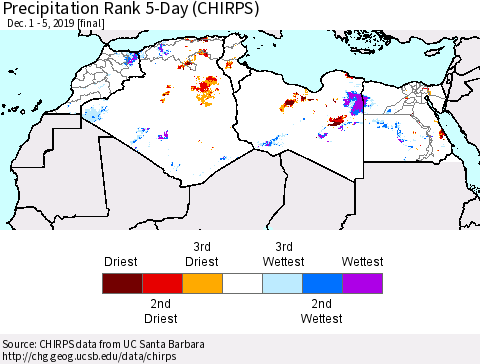 North Africa Precipitation Rank since 1981, 5-Day (CHIRPS) Thematic Map For 12/1/2019 - 12/5/2019