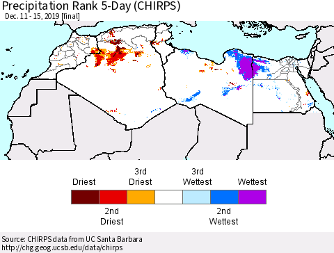 North Africa Precipitation Rank since 1981, 5-Day (CHIRPS) Thematic Map For 12/11/2019 - 12/15/2019