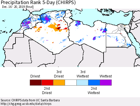 North Africa Precipitation Rank since 1981, 5-Day (CHIRPS) Thematic Map For 12/16/2019 - 12/20/2019