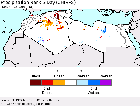North Africa Precipitation Rank since 1981, 5-Day (CHIRPS) Thematic Map For 12/21/2019 - 12/25/2019