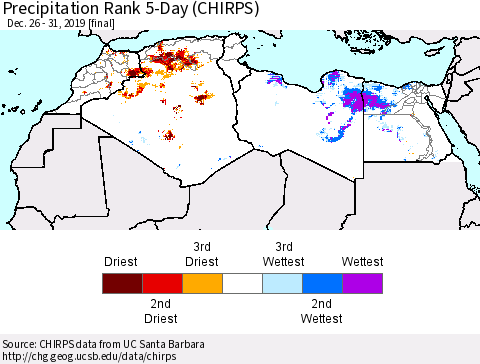 North Africa Precipitation Rank since 1981, 5-Day (CHIRPS) Thematic Map For 12/26/2019 - 12/31/2019