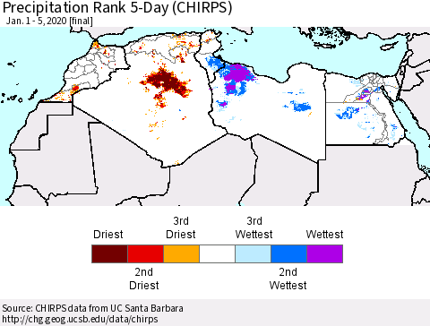 North Africa Precipitation Rank since 1981, 5-Day (CHIRPS) Thematic Map For 1/1/2020 - 1/5/2020