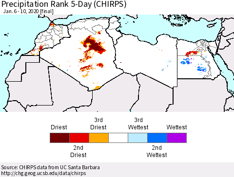 North Africa Precipitation Rank since 1981, 5-Day (CHIRPS) Thematic Map For 1/6/2020 - 1/10/2020