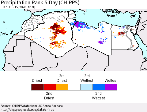 North Africa Precipitation Rank since 1981, 5-Day (CHIRPS) Thematic Map For 1/11/2020 - 1/15/2020