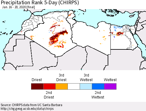 North Africa Precipitation Rank since 1981, 5-Day (CHIRPS) Thematic Map For 1/16/2020 - 1/20/2020