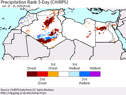 North Africa Precipitation Rank since 1981, 5-Day (CHIRPS) Thematic Map For 1/21/2020 - 1/25/2020