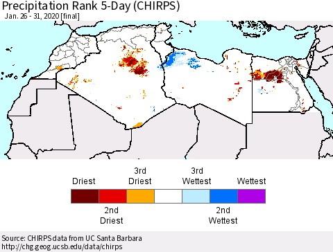 North Africa Precipitation Rank since 1981, 5-Day (CHIRPS) Thematic Map For 1/26/2020 - 1/31/2020