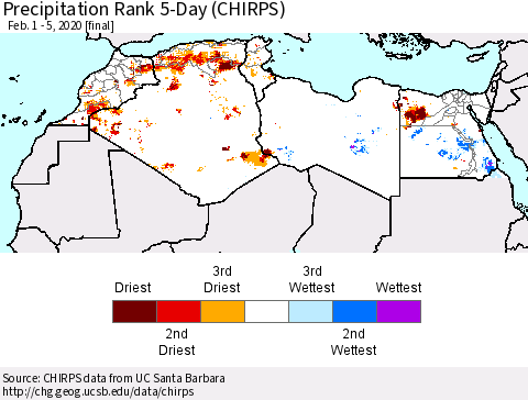 North Africa Precipitation Rank since 1981, 5-Day (CHIRPS) Thematic Map For 2/1/2020 - 2/5/2020
