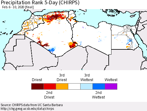 North Africa Precipitation Rank since 1981, 5-Day (CHIRPS) Thematic Map For 2/6/2020 - 2/10/2020