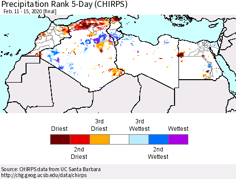 North Africa Precipitation Rank since 1981, 5-Day (CHIRPS) Thematic Map For 2/11/2020 - 2/15/2020