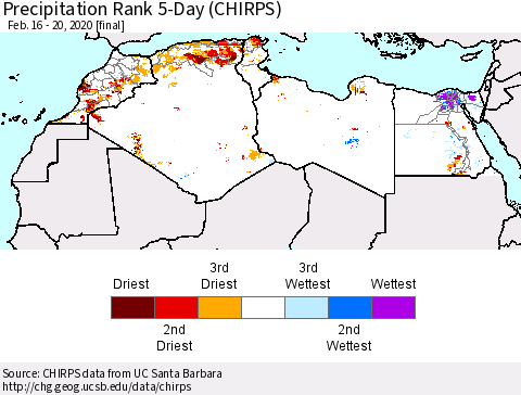 North Africa Precipitation Rank since 1981, 5-Day (CHIRPS) Thematic Map For 2/16/2020 - 2/20/2020