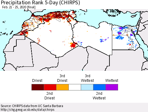 North Africa Precipitation Rank since 1981, 5-Day (CHIRPS) Thematic Map For 2/21/2020 - 2/25/2020