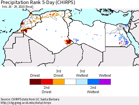 North Africa Precipitation Rank since 1981, 5-Day (CHIRPS) Thematic Map For 2/26/2020 - 2/29/2020
