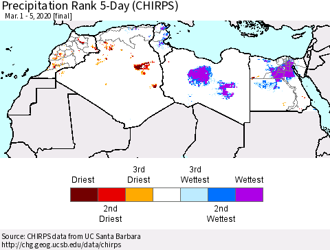 North Africa Precipitation Rank since 1981, 5-Day (CHIRPS) Thematic Map For 3/1/2020 - 3/5/2020