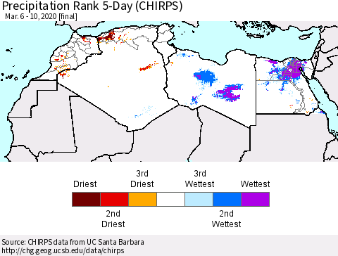 North Africa Precipitation Rank since 1981, 5-Day (CHIRPS) Thematic Map For 3/6/2020 - 3/10/2020