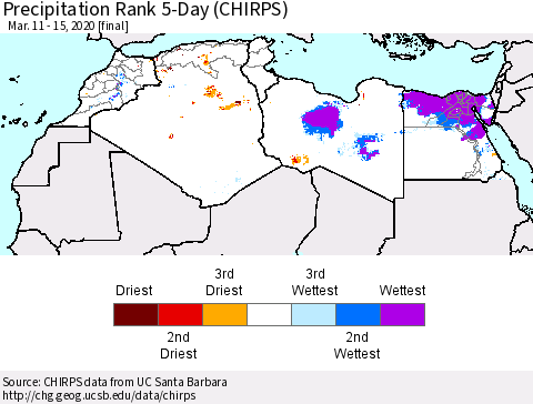 North Africa Precipitation Rank since 1981, 5-Day (CHIRPS) Thematic Map For 3/11/2020 - 3/15/2020