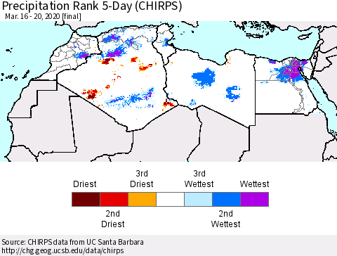 North Africa Precipitation Rank since 1981, 5-Day (CHIRPS) Thematic Map For 3/16/2020 - 3/20/2020