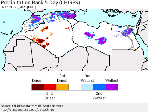North Africa Precipitation Rank since 1981, 5-Day (CHIRPS) Thematic Map For 3/21/2020 - 3/25/2020