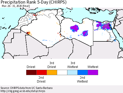 North Africa Precipitation Rank since 1981, 5-Day (CHIRPS) Thematic Map For 3/26/2020 - 3/31/2020