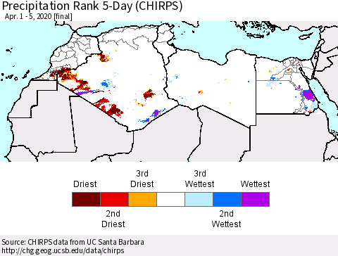 North Africa Precipitation Rank since 1981, 5-Day (CHIRPS) Thematic Map For 4/1/2020 - 4/5/2020