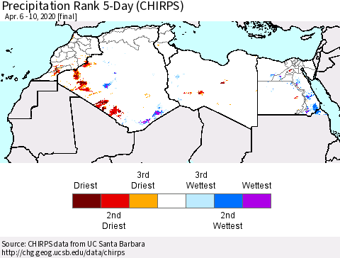 North Africa Precipitation Rank since 1981, 5-Day (CHIRPS) Thematic Map For 4/6/2020 - 4/10/2020