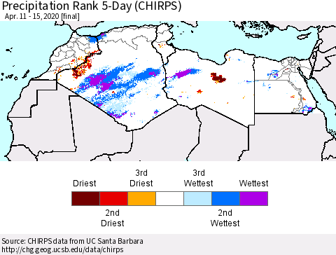 North Africa Precipitation Rank since 1981, 5-Day (CHIRPS) Thematic Map For 4/11/2020 - 4/15/2020