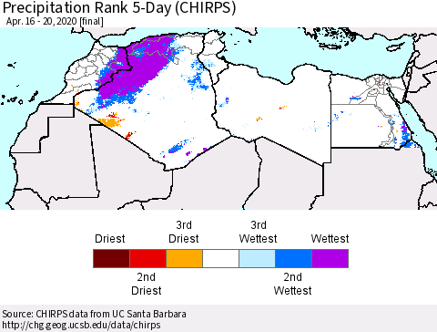 North Africa Precipitation Rank since 1981, 5-Day (CHIRPS) Thematic Map For 4/16/2020 - 4/20/2020