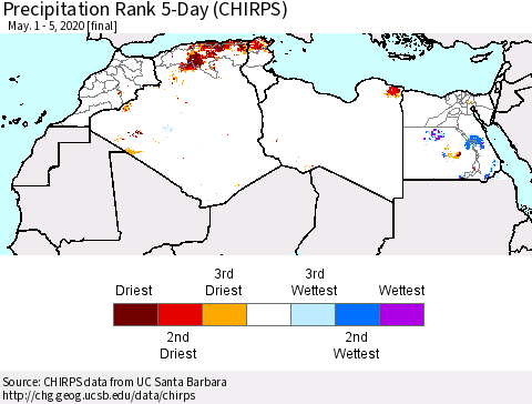 North Africa Precipitation Rank since 1981, 5-Day (CHIRPS) Thematic Map For 5/1/2020 - 5/5/2020